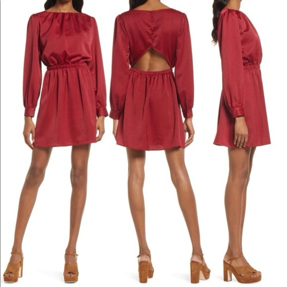 Lost + Wander Women Burgundy Satin Emerald Eyes Long Sleeve Mini Dress